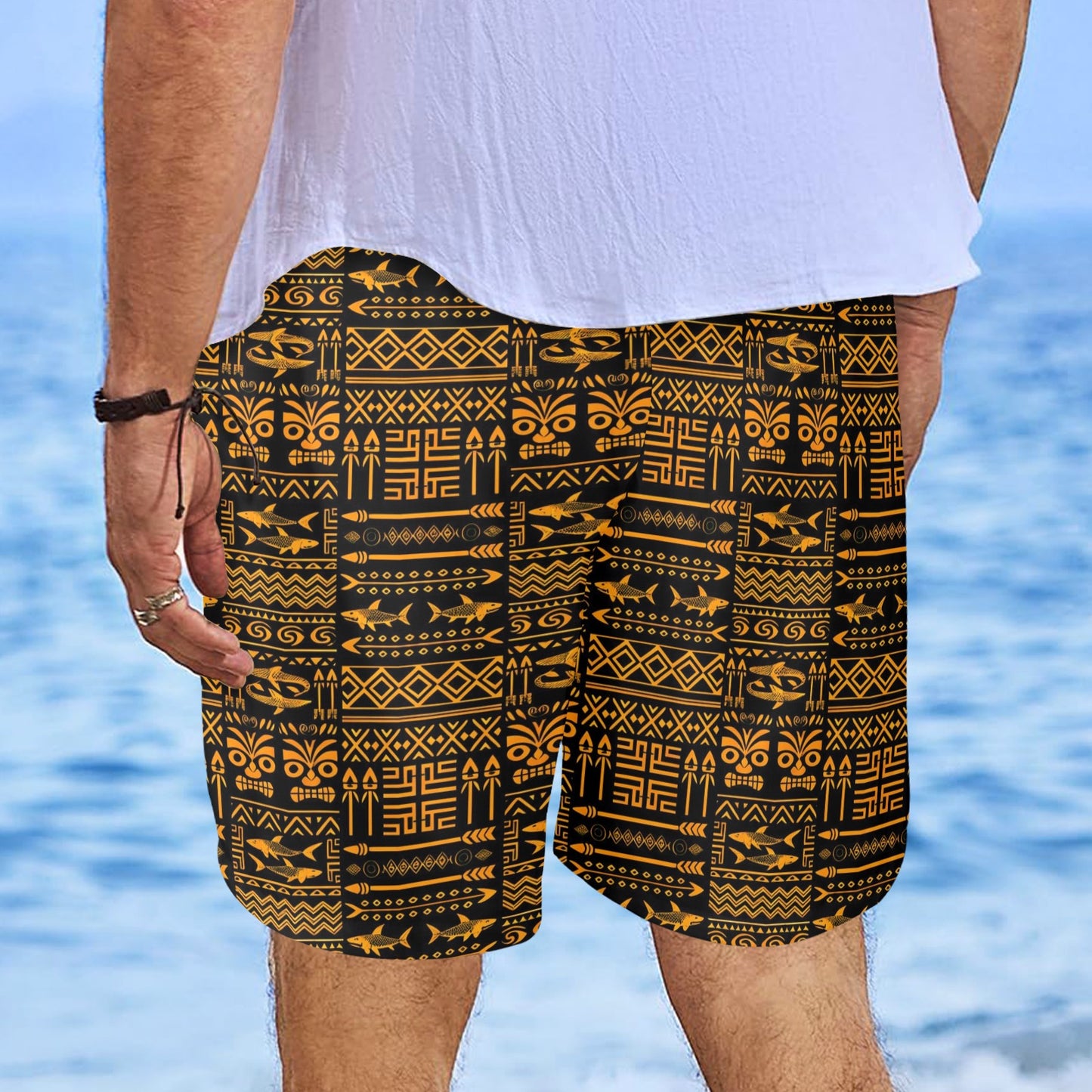 Tribal Tapestry Black & Gold Beach Trunks Men's