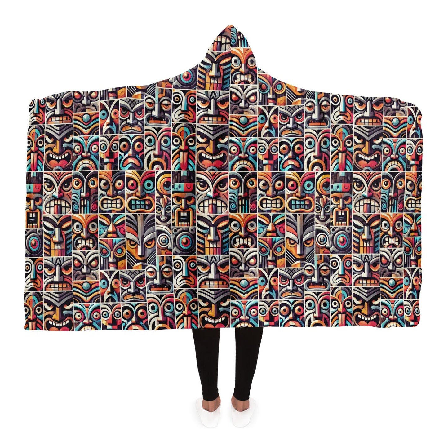 Crazy Tiki Faces Hooded Blanket - Pop Art Deco