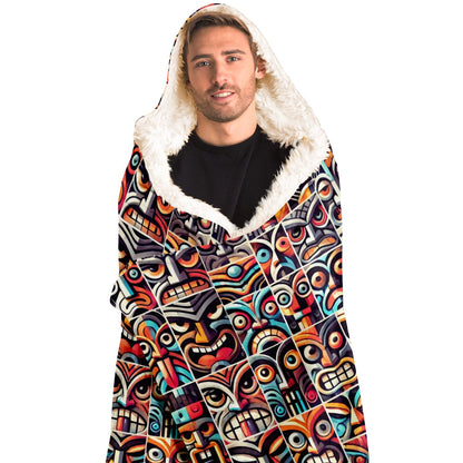 Crazy Tiki Faces Hooded Blanket - Pop Art Deco