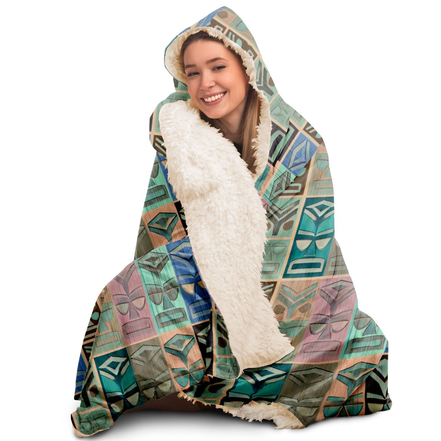 Tiki Long Face Hooded Blanket - Faded Wood, Pastel