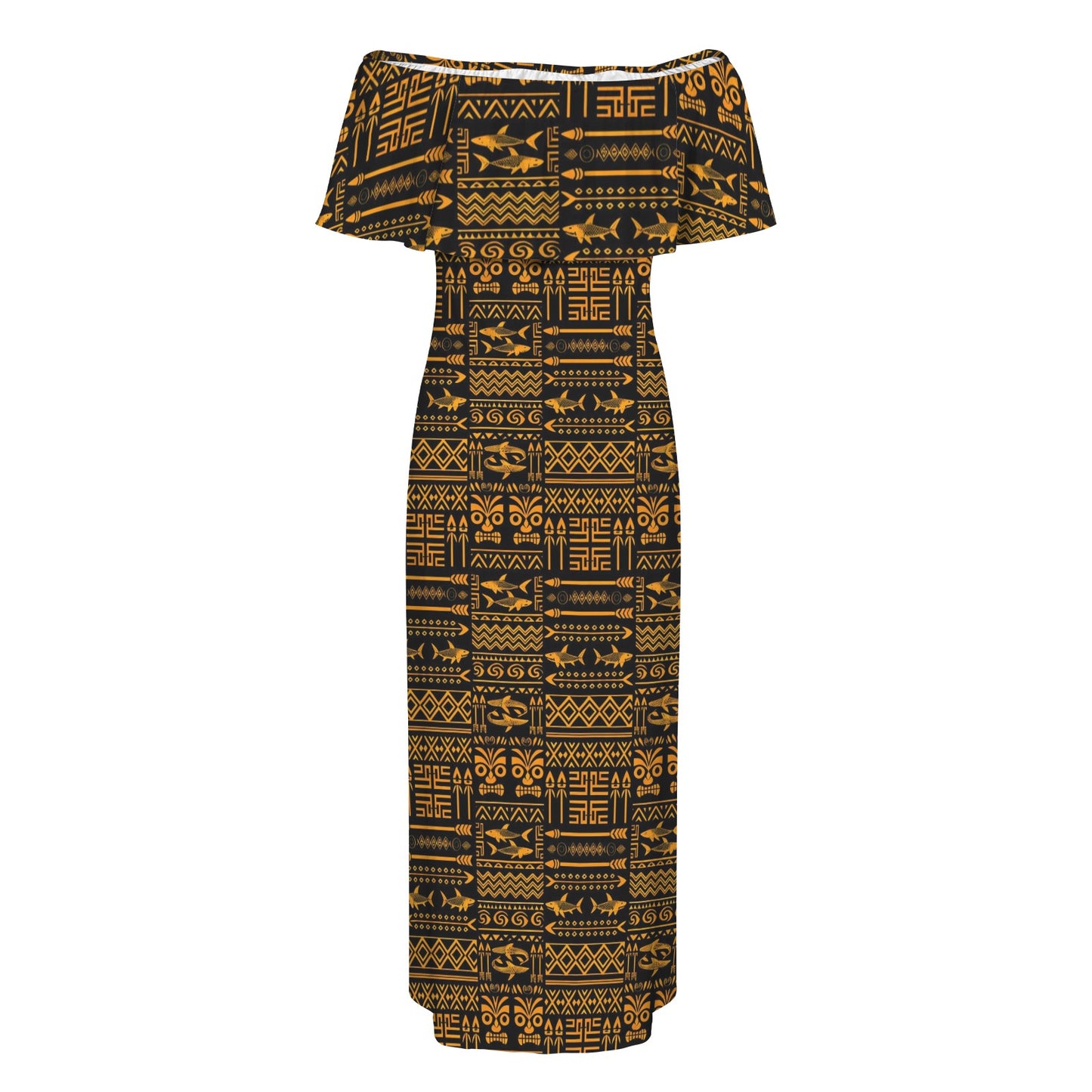 Tribal Tapestry Black & Gold Shoulderless Long Dress