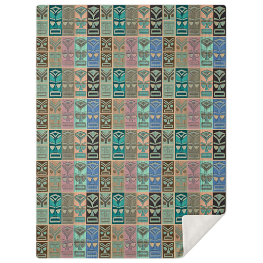 Tiki Long Faces Premium Microfleece Blanket - Faded Wood Pastels