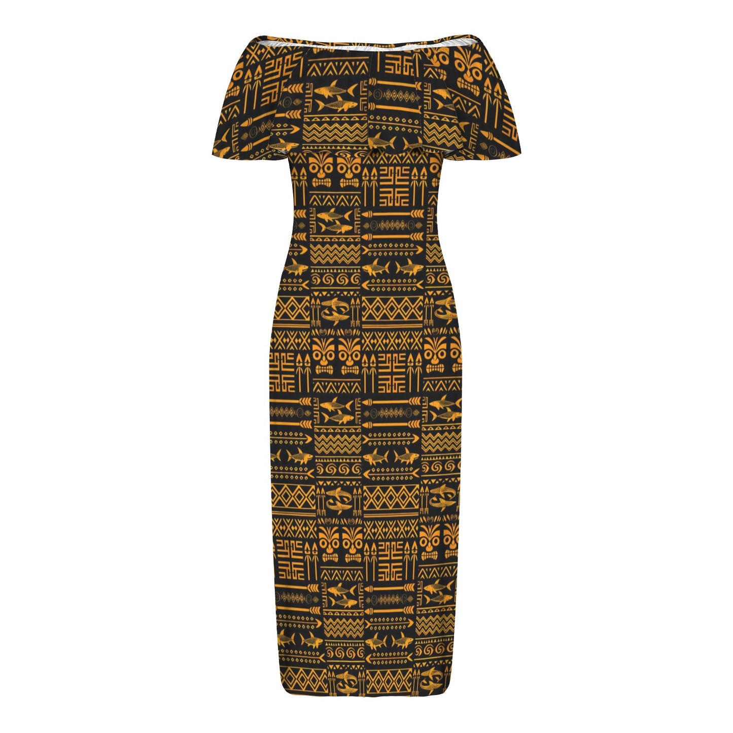 Tribal Tapestry Black & Gold Shoulderless Long Dress