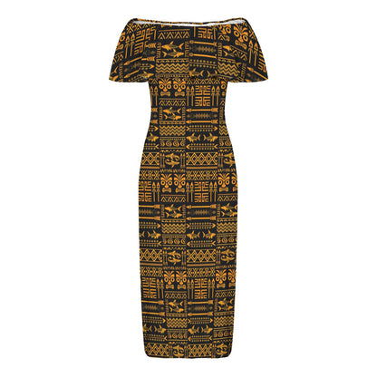 Tribal Tapestry Black & Gold Shoulderless Long Dress