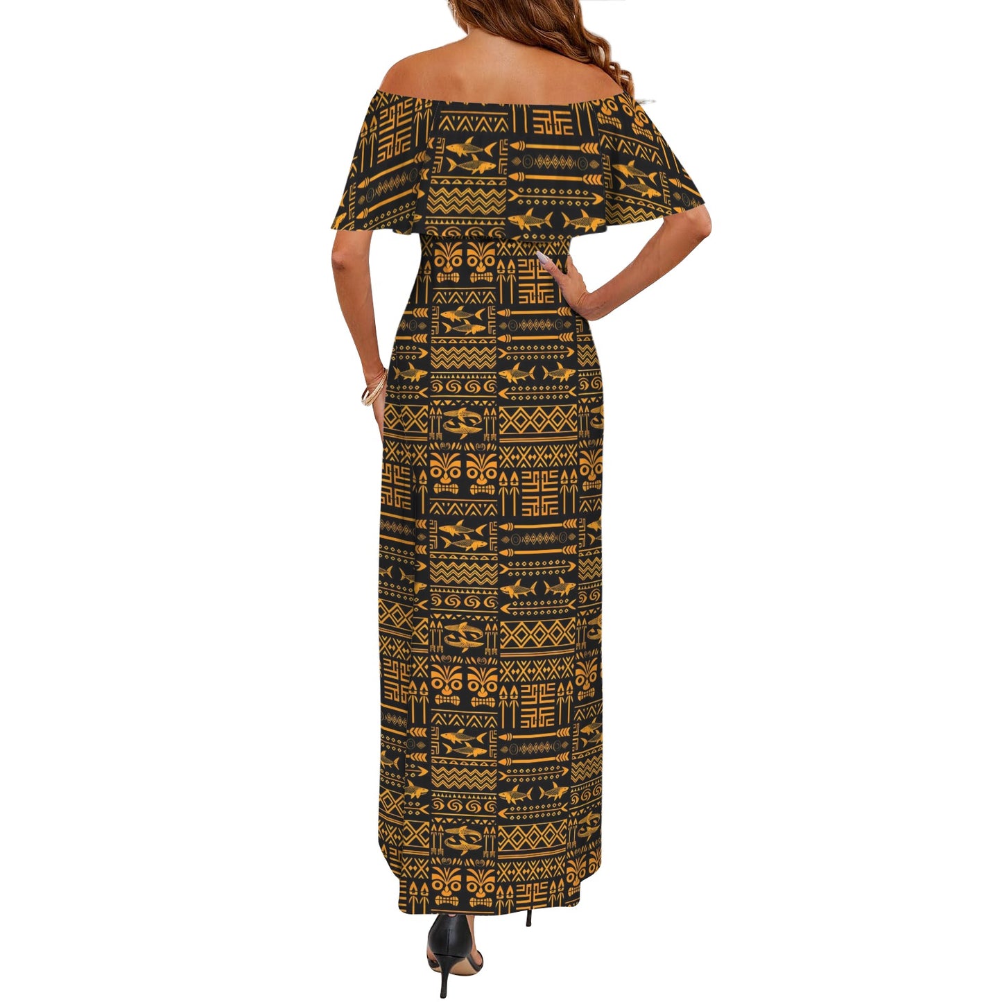 Tribal Tapestry Black & Gold Shoulderless Long Dress