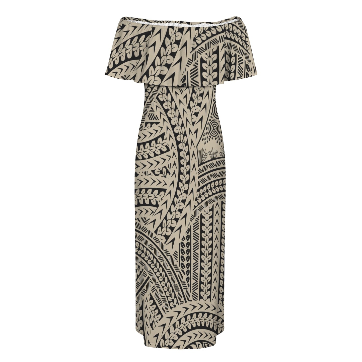 Tribal Swirls, Black & Tan Shoulderless Long Dress