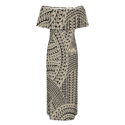Tribal Swirls, Black & Tan Shoulderless Long Dress