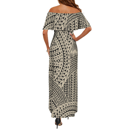 Tribal Swirls, Black & Tan Shoulderless Long Dress