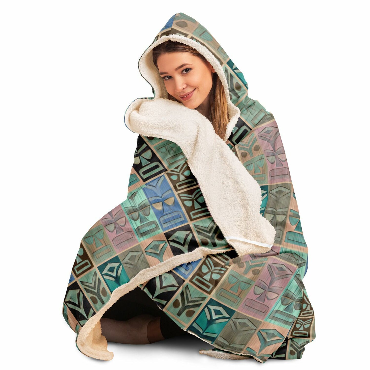 Tiki Long Face Hooded Blanket - Faded Wood, Pastel