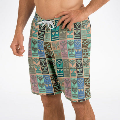 Tiki Surfer Board Shorts - Broad Face Turquoise Pastels