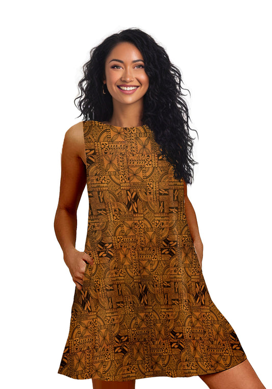 Poly Woodblock Gold Bronze Sleeveless Tank Dress with Pockets