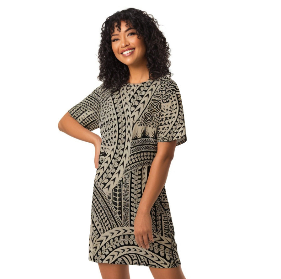 Tribal Swirls Black & Tan T-shirt Dress