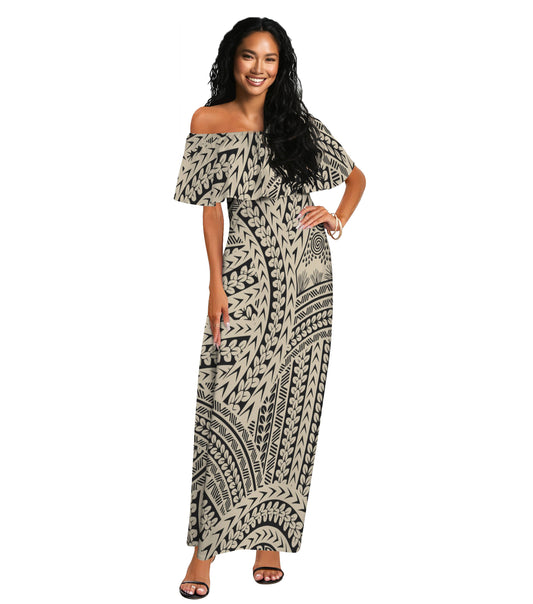 Tribal Swirls, Black & Tan Shoulderless Long Dress