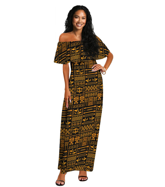 Tribal Tapestry Black & Gold Shoulderless Long Dress