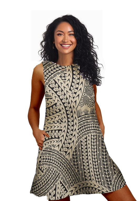 Tribal Swirls Black & Tan Sleeveless Tank Dress with Pockets