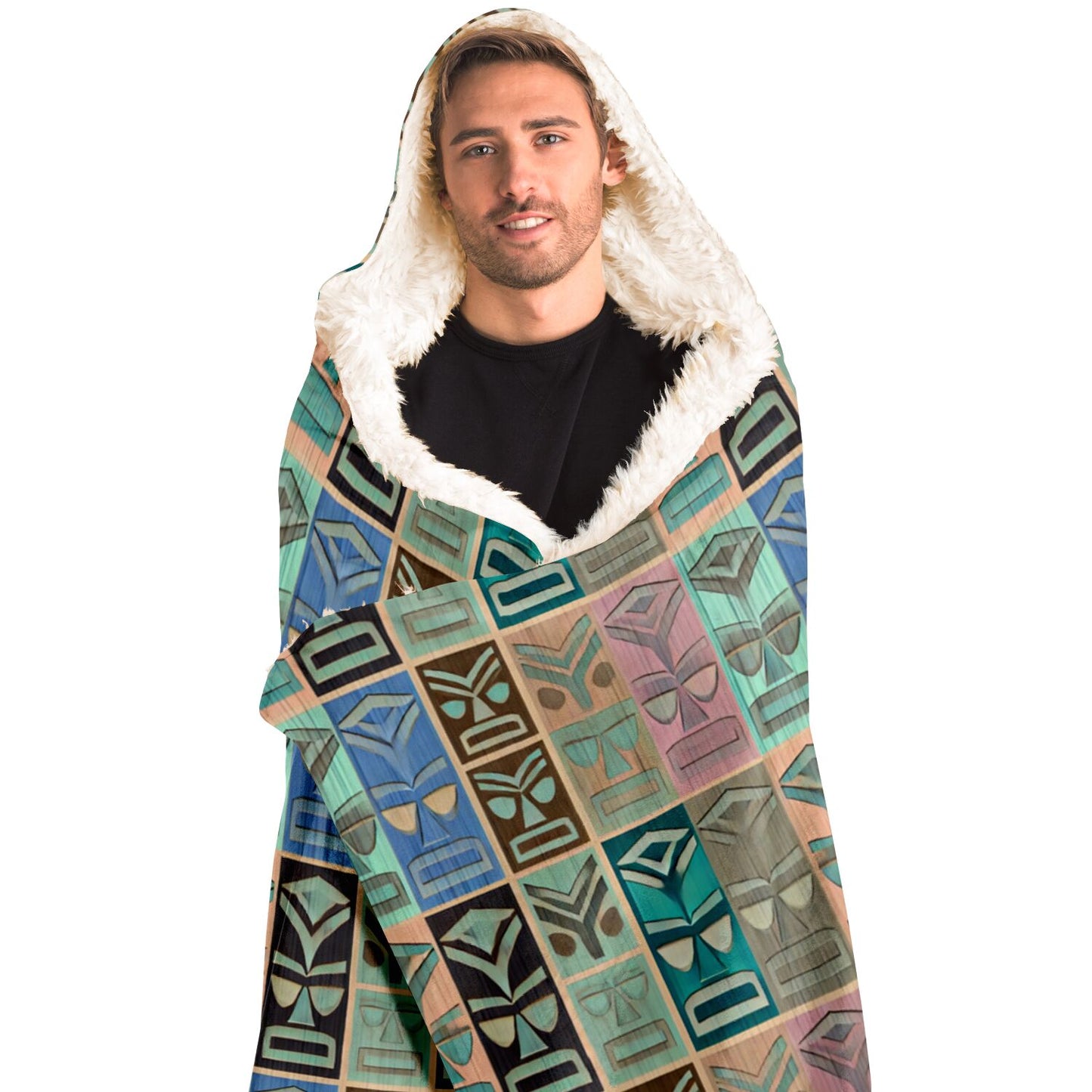 Tiki Long Face Hooded Blanket - Faded Wood, Pastel