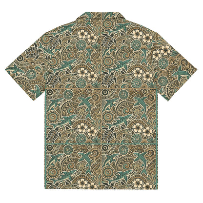 Sharks Turtle Hibiscus, Button Down Shirt, Turquoise Brown