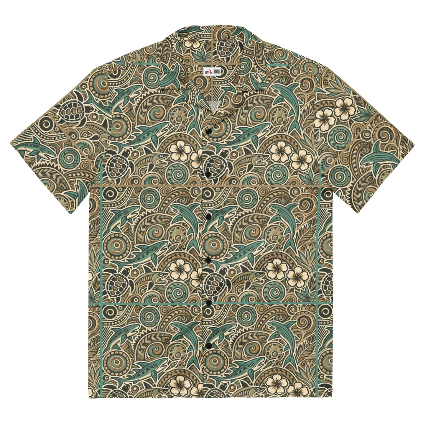 Sharks Turtle Hibiscus, Button Down Shirt, Turquoise Brown