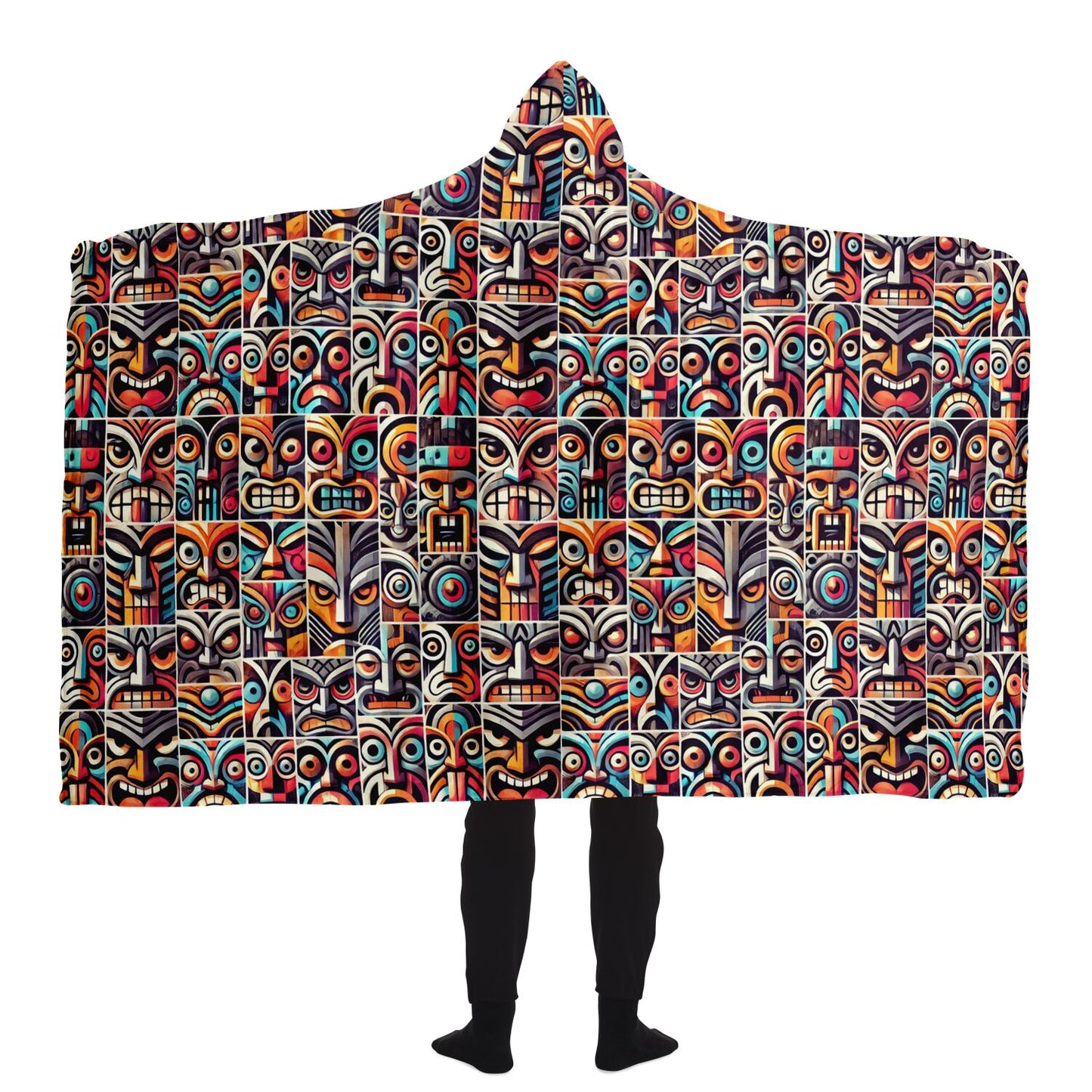 Crazy Tiki Faces Hooded Blanket - Pop Art Deco