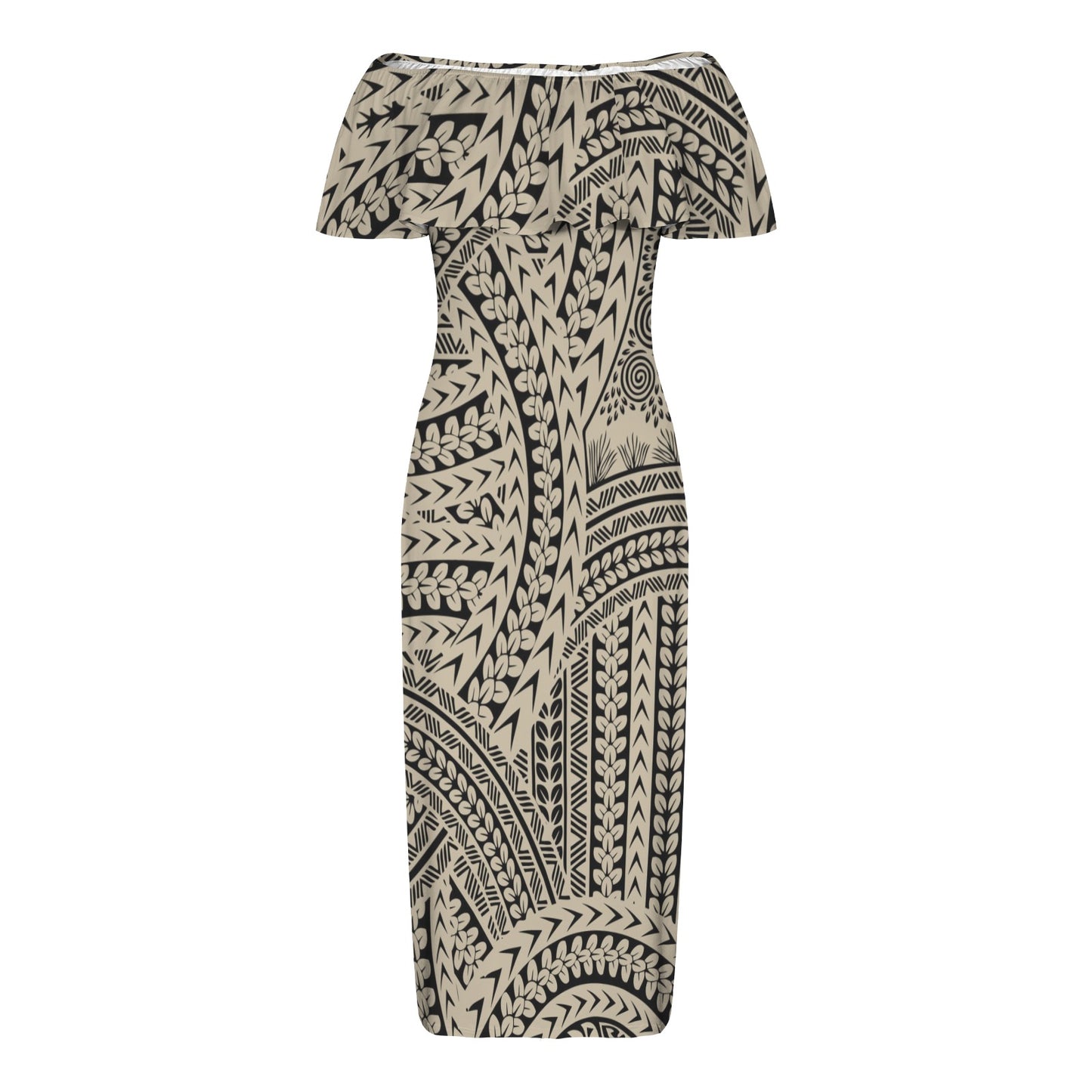 Tribal Swirls, Black & Tan Shoulderless Long Dress
