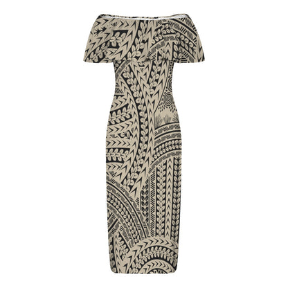 Tribal Swirls, Black & Tan Shoulderless Long Dress