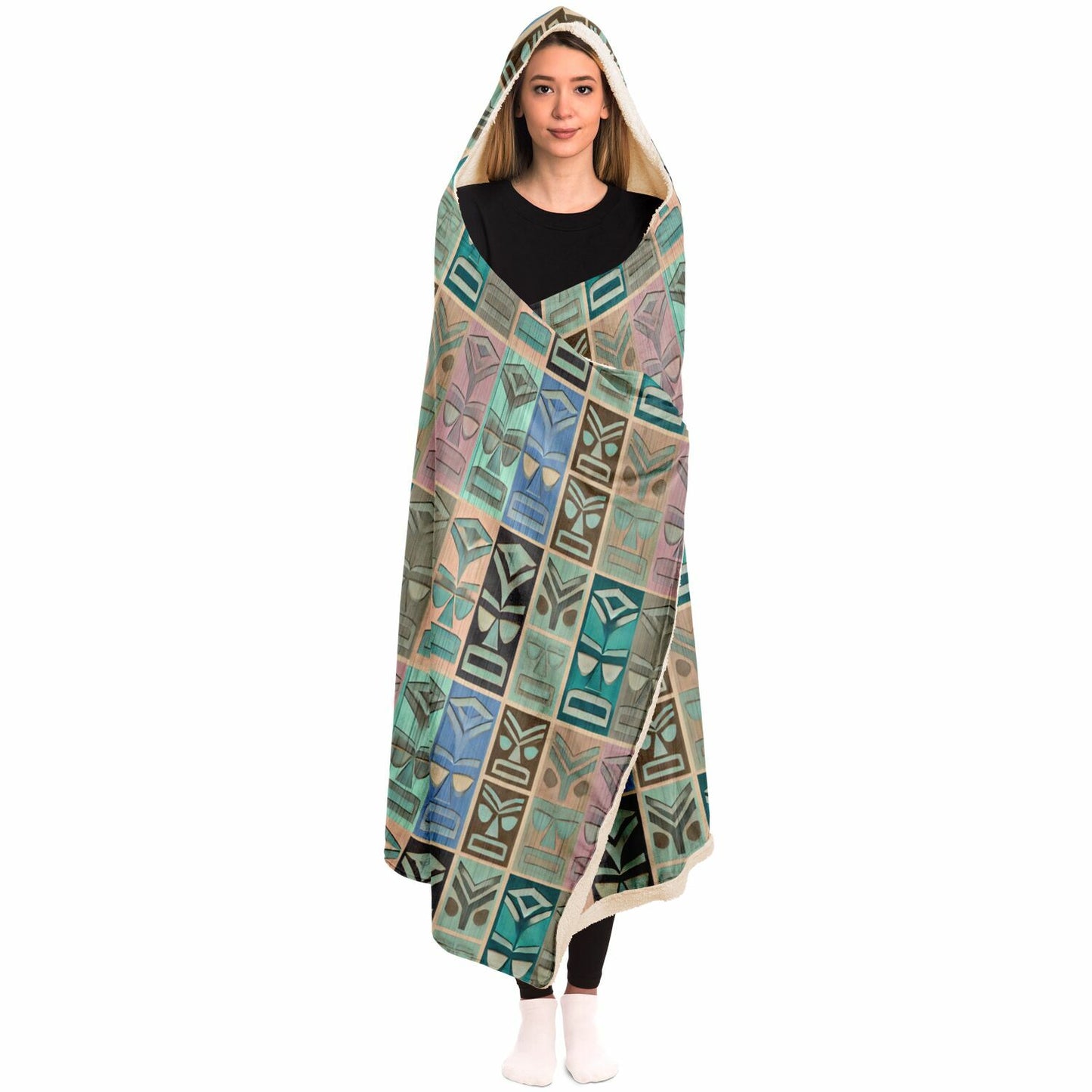 Tiki Long Face Hooded Blanket - Faded Wood, Pastel