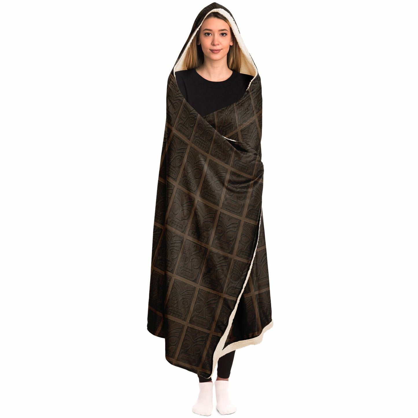 Tiki Faces Hooded Blanket - Mahogany Wood