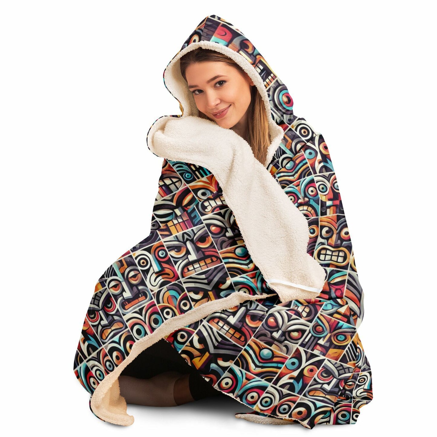 Crazy Tiki Faces Hooded Blanket - Pop Art Deco