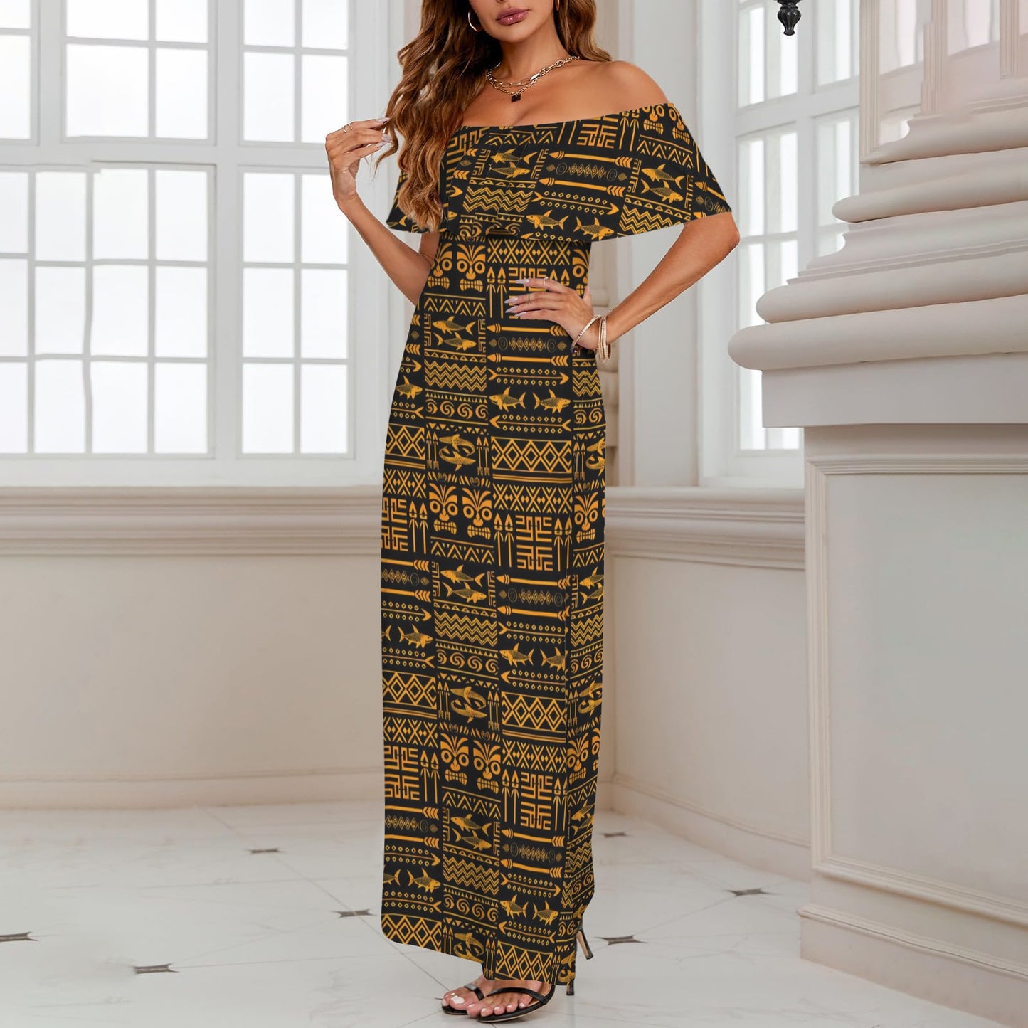 Tribal Tapestry Black & Gold Shoulderless Long Dress